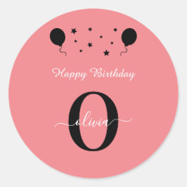 Monogram Script Happy Birthday Schwarz-weiß Pink Runder Aufkleber