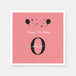 Monogram Script Happy Birthday Schwarz-weiß Pink Serviette