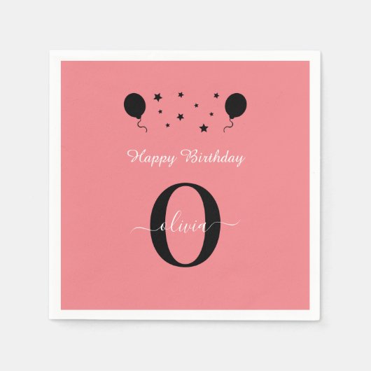 Monogram Script Happy Birthday Schwarz-weiß Pink Serviette (Vorderseite)