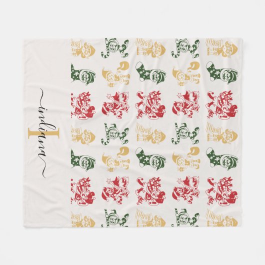 Monogram Script Holiday Elves Green Gold Fleecedecke (Vorderseite (Horizontal))