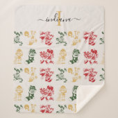 Monogram Script Holiday Elves Muster Green Gold Sherpadecke (Vorderseite)