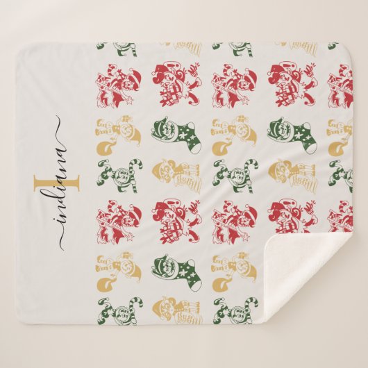 Monogram Script Holiday Elves Muster Green Gold Sherpadecke (Vorderseite (Horizontal))