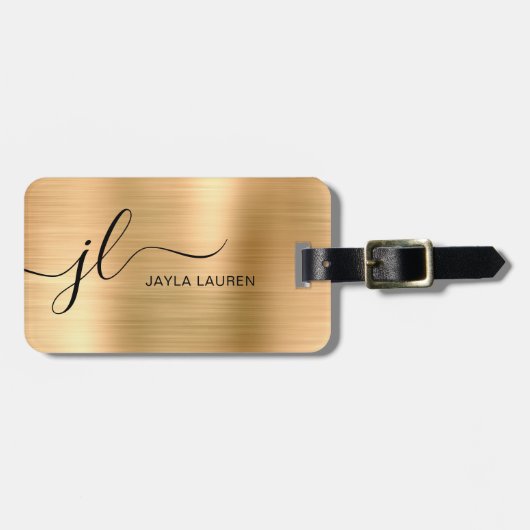 Monogram Script Imitate Gold Metal Steel Gepäckanhänger (Vorderseite horizontal)