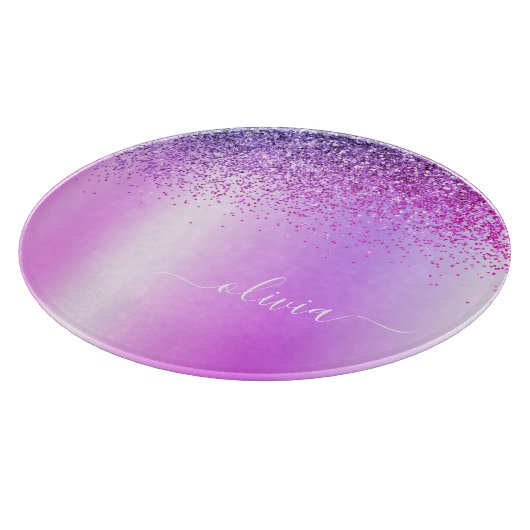 Monogram Script Lila Black Glitzer Girenname Schneidebrett (Ecke)