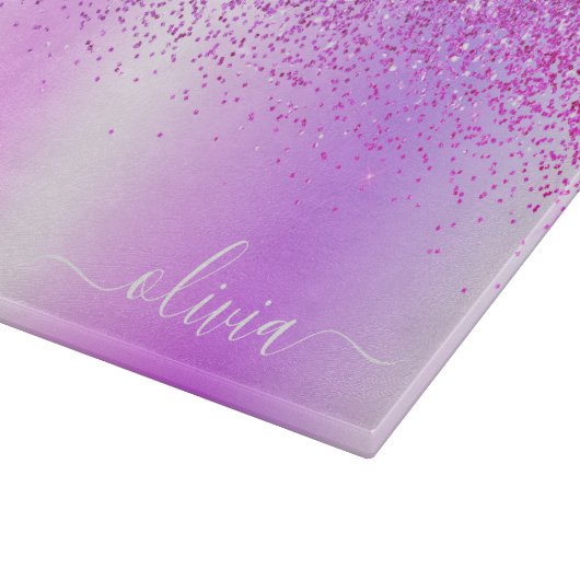 Monogram Script Lila Glitzer Girenname Schneidebrett (Ecke)