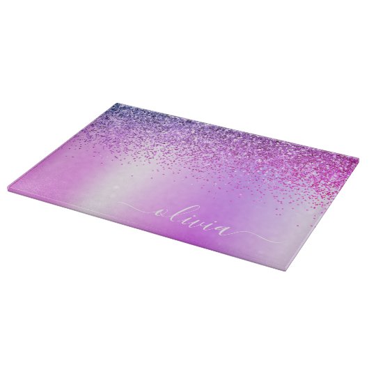 Monogram Script Lila Glitzer Girenname Schneidebrett (Ecke)