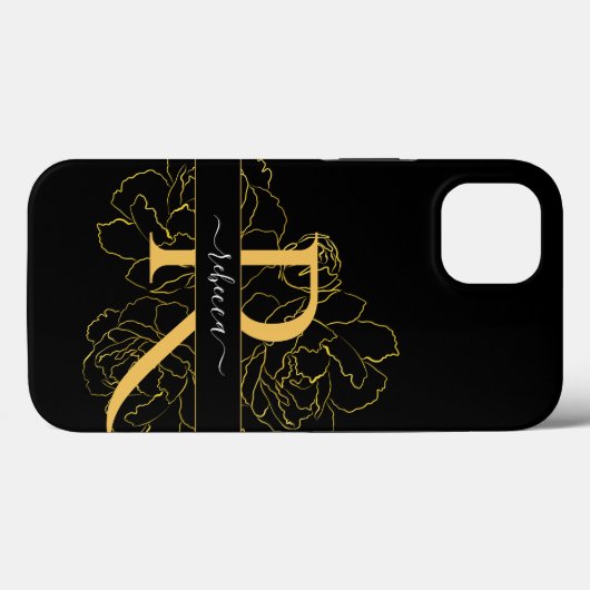 Monogram Script Modern Name Black Gold Floral Case-Mate iPhone Hülle (Rückseite (Horizontal))