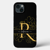 Monogram Script Modern Name Black Gold Floral Case-Mate iPhone Hülle (Rückseite)