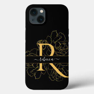Monogram Script Modern Name Black Gold Floral Case-Mate iPhone Hülle