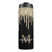 Monogram Script Name Black and Gold Glitzer Tropfe Thermosbecher (Vorderseite)