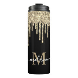 Monogram Script Name Black and Gold Glitzer Tropfe Thermosbecher