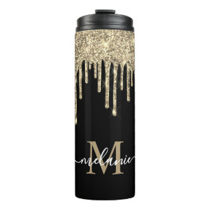 Monogram Script Name Black and Gold Glitzer Tropfe Thermosbecher