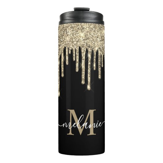 Monogram Script Name Black and Gold Glitzer Tropfe Thermosbecher (Vorderseite)