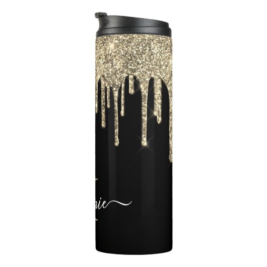 Monogram Script Name Black and Gold Glitzer Tropfe Thermosbecher (Nach rechts gedreht)