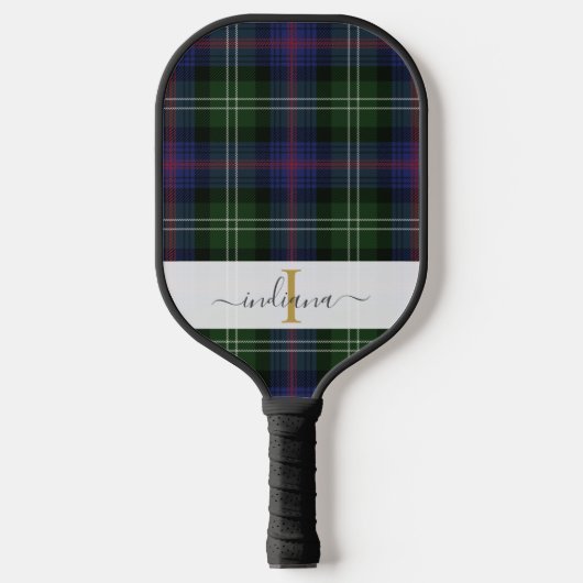 Monogram Script Name Kariert Green Lila Tartan Pickleball Schläger (Vorderseite)