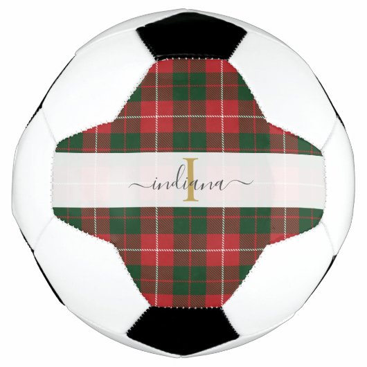 Monogram Script Name Kariert Red Green Tartan Fußball (Vorderseite)