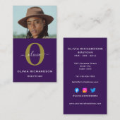 Monogram Script Name Lila White Gold Vertikal Visitenkarte (Vorne/Hinten)