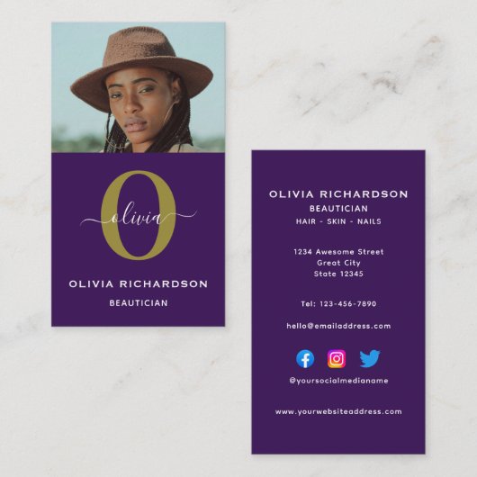 Monogram Script Name Lila White Gold Vertikal Visitenkarte (Vorne/Hinten)