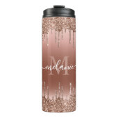 Monogram Script Name Rose Gold Glitzer Tropfen Thermosbecher (Vorderseite)