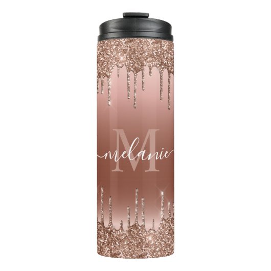 Monogram Script Name Rose Gold Glitzer Tropfen Thermosbecher (Vorderseite)