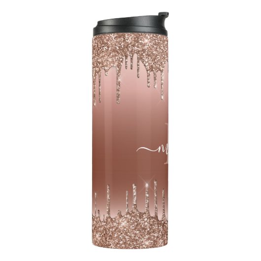 Monogram Script Name Rose Gold Glitzer Tropfen Thermosbecher (Nach links gedreht)