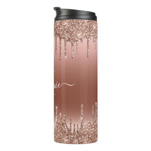 Monogram Script Name Rose Gold Glitzer Tropfen Thermosbecher (Nach rechts gedreht)