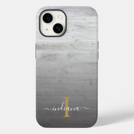 Monogram Script Name Rustic Printed Gray Wood Case-Mate iPhone Hülle (Rückseite)