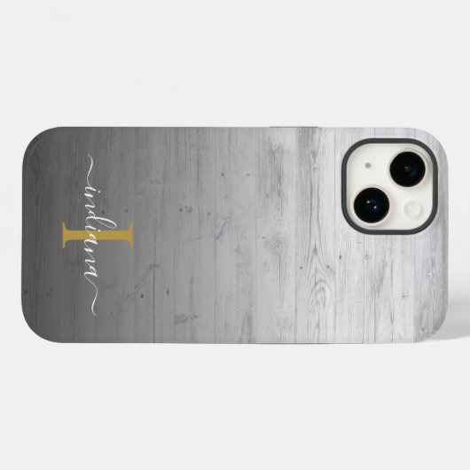 Monogram Script Name Rustic Printed Gray Wood Case-Mate iPhone Hülle (Rückseite (Horizontal))
