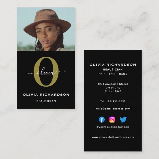 Monogram Script Name Schwarz-weiß Gold Job Vertika Visitenkarte