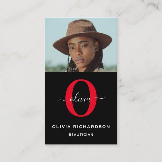 Monogram Script Name Schwarz-weiß Red Job Vertikal Visitenkarte (Vorderseite)