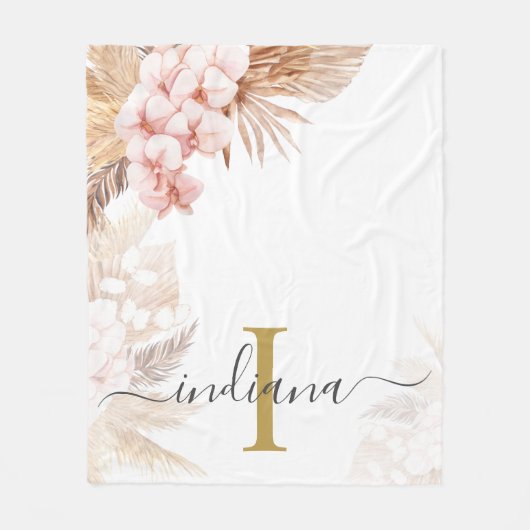 Monogram Script Pampas Grass Name Initial Palms Fleecedecke (Vorderseite)