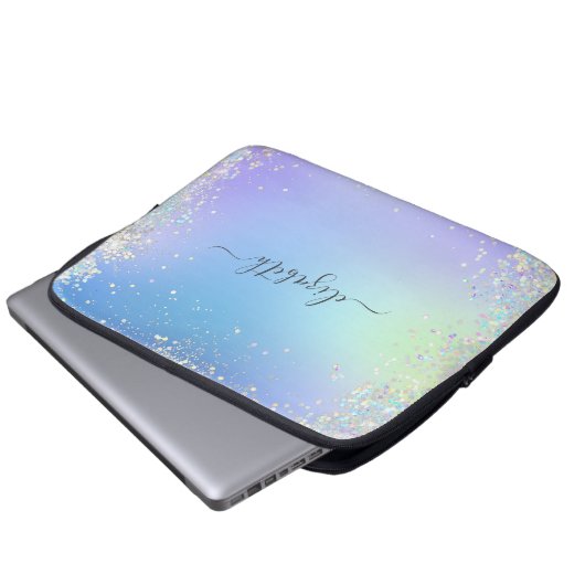Monogram Script Rainbow Glitzern Blue Lila Laptopschutzhülle (Vorne Knopf)