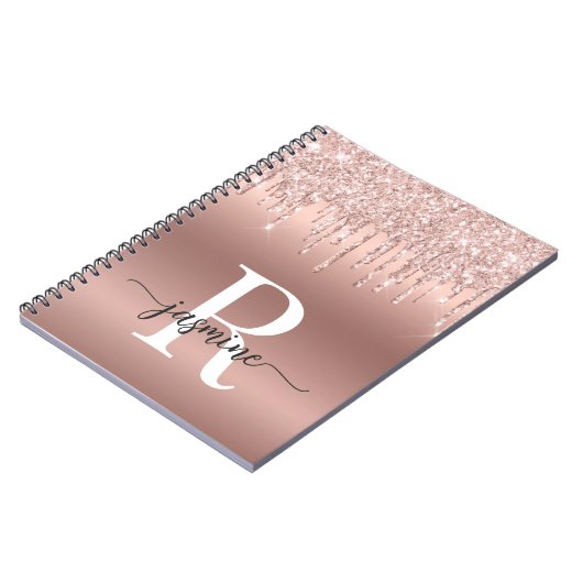 Monogram Script Rose Gold Glitzer Tropfen Notizblock (Linke Seite)
