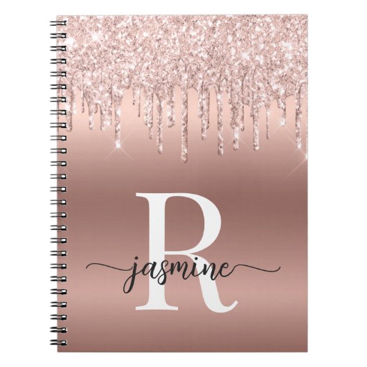 Monogram Script Rose Gold Glitzer Tropfen Notizblock (Vorderseite)