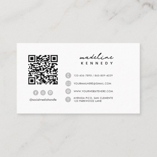 Monogram Script Schwarz-weiß Grau QR Code Visitenkarte (Rückseite)