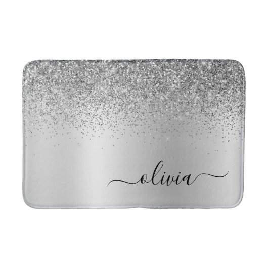 Monogram Script Silver Black Glitzer Girenname Badematte (Vorderseite)