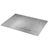 Monogram Script Silver Black Glitzer Girenname Schneidebrett (Ecke)