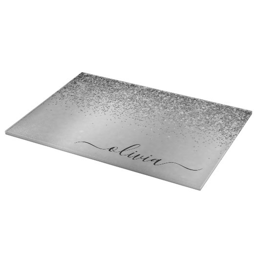 Monogram Script Silver Black Glitzer Girenname Schneidebrett (Ecke)