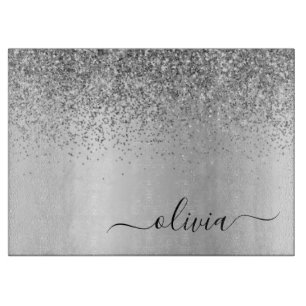Monogram Script Silver Black Glitzer Girenname Schneidebrett