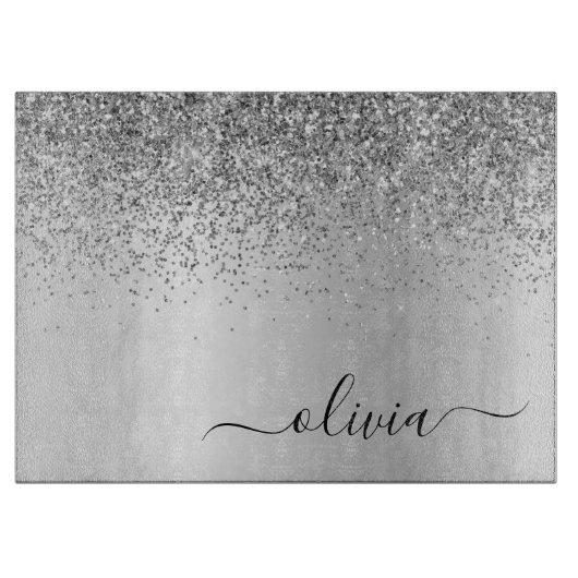 Monogram Script Silver Black Glitzer Girenname Schneidebrett (Vorderseite)
