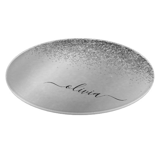 Monogram Script Silver Black Glitzer Girenname Schneidebrett (Ecke)