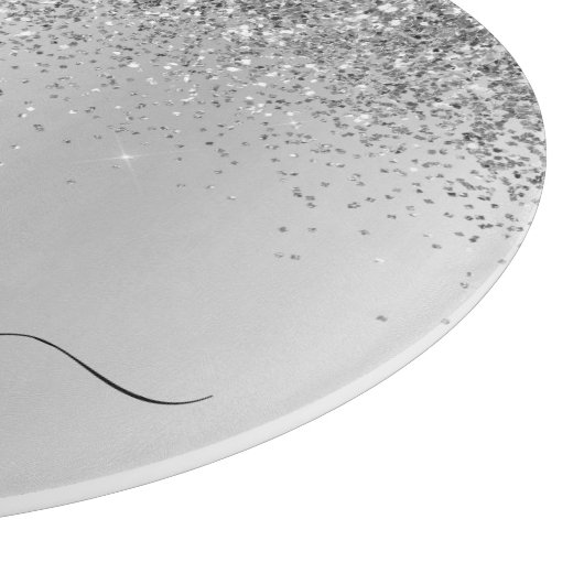 Monogram Script Silver Black Glitzer Girenname Schneidebrett (Ecke)