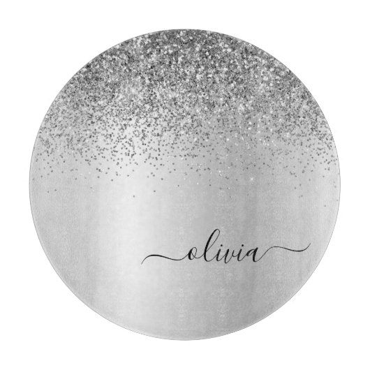 Monogram Script Silver Black Glitzer Girenname Schneidebrett (Vorderseite)