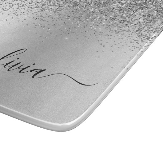 Monogram Script Silver Glitzer Girenname Schneidebrett (Ecke)