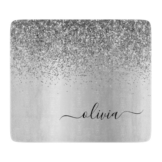 Monogram Script Silver Glitzer Girenname Schneidebrett (Vorderseite)