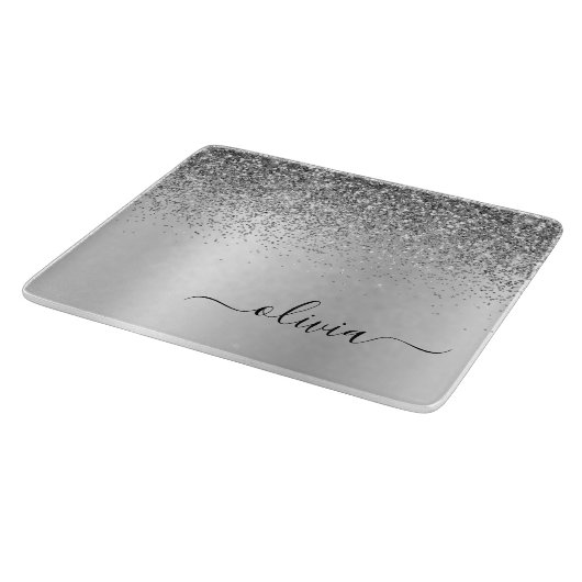 Monogram Script Silver Glitzer Girenname Schneidebrett (Ecke)