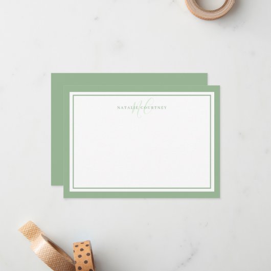 Monogram Script Two Border Minimalistisch Sage Gre Mitteilungskarte (Vorderseite/Rückseite Beispiel)