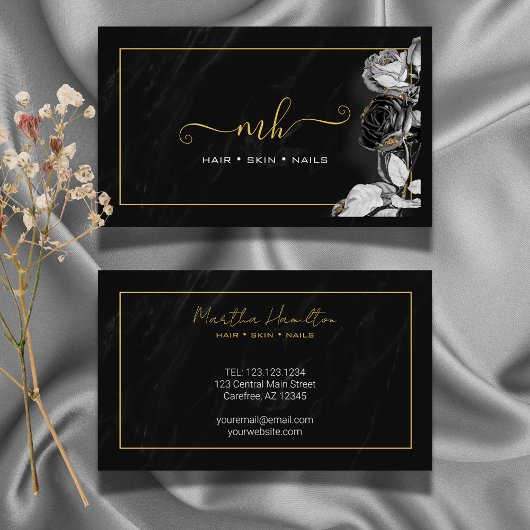 Monogram Script Typografie Floral Black & Gold Telefonnummerkarte