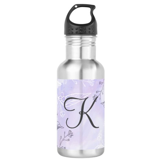Monogram Script White Gray Lila Floral Edelstahlflasche (Vorderseite)