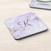 Monogram Script White Gray Lila Floral Getränkeuntersetzer (Linke Seite)